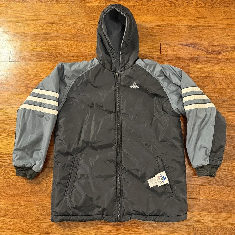 Vintage 90s Adidas Black and Grey Hooded Reversible 3-stripes Puffer Jacket XL